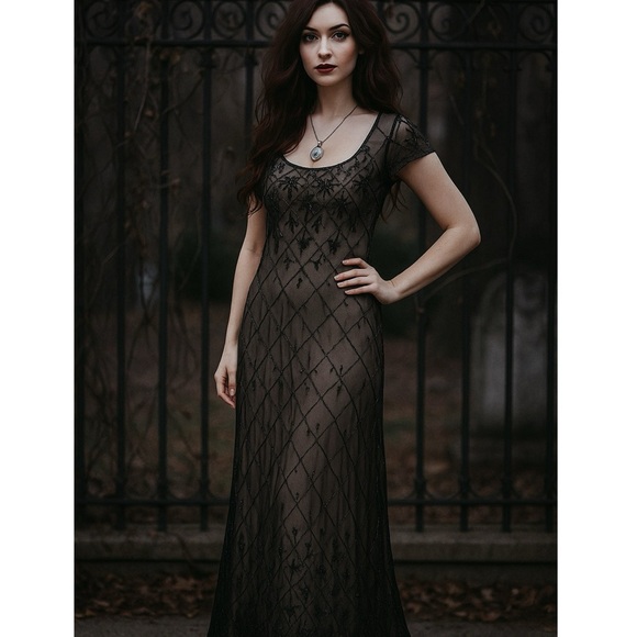 Vintage 90s Beaded Mesh Gown Size 10 Art Deco Gothic Formal Dress Romantic Goth